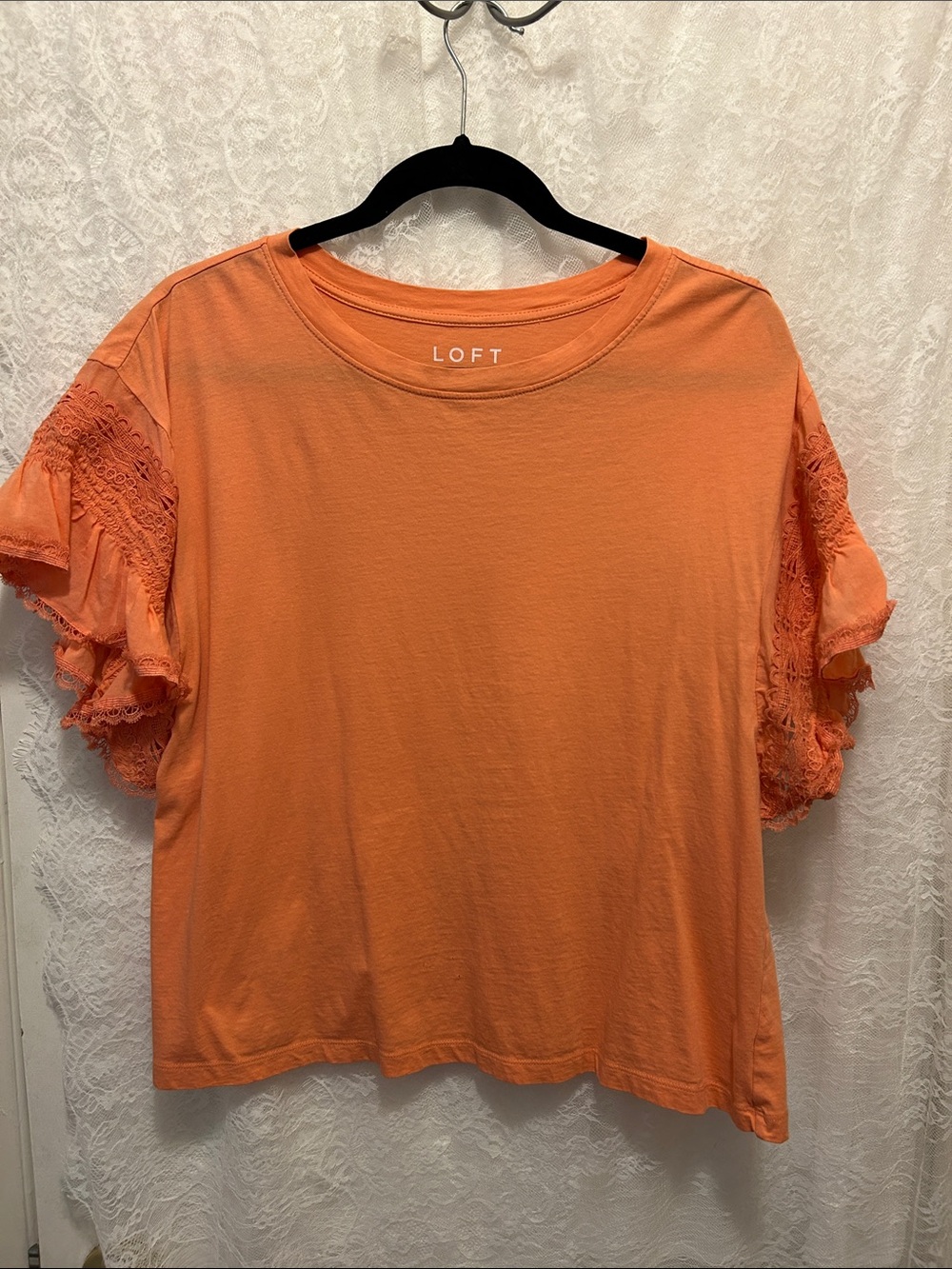 LOFT Orange Lace Ruffle Sleeve Tee